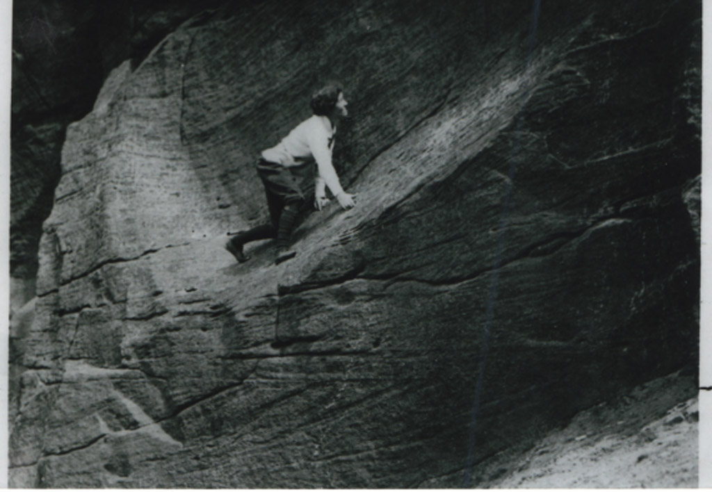 Founder member Emily 'Pat' Kelly climbing The Scoop (HVS 5a), Castle Naze. Photo: A Burgess